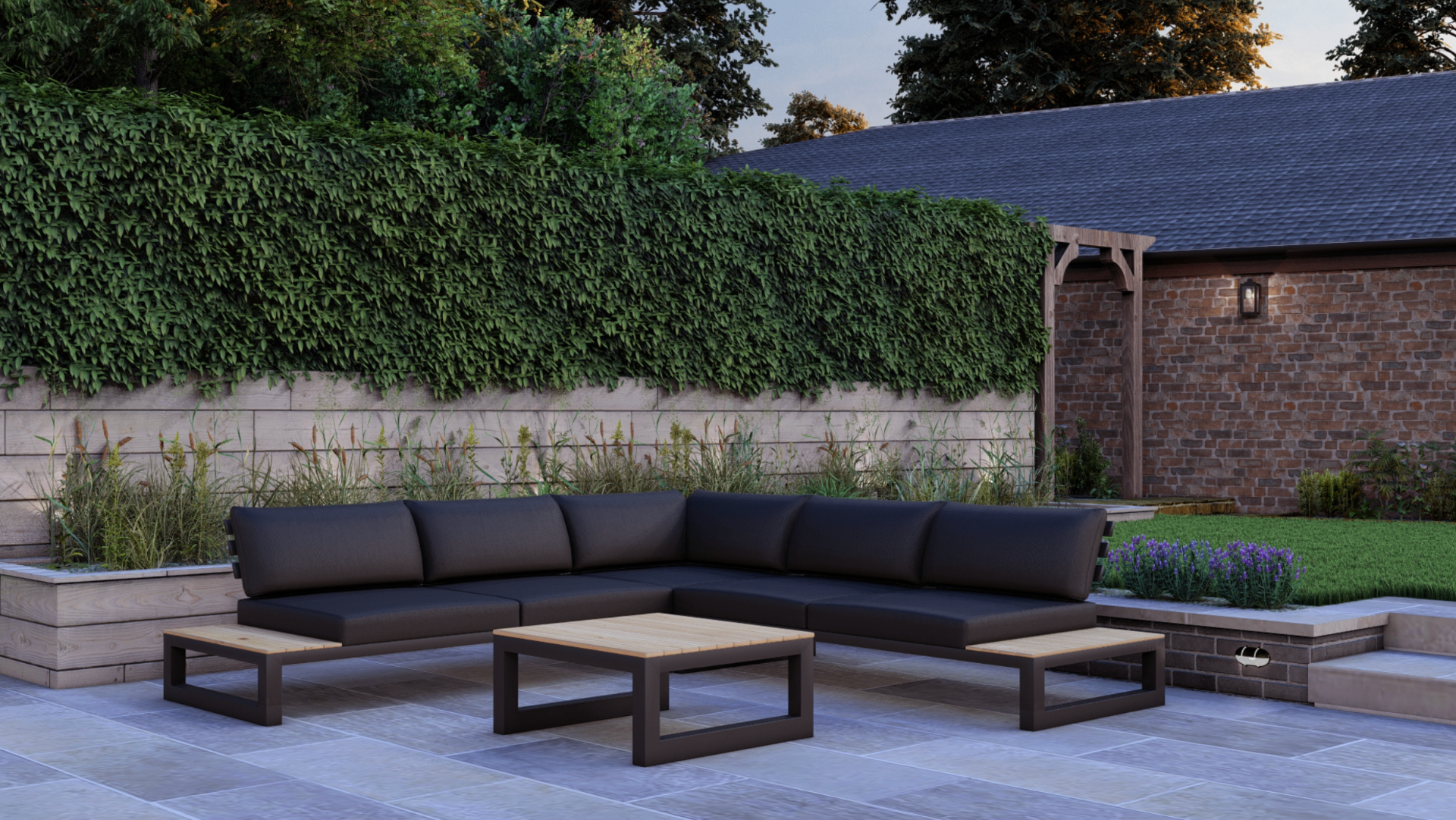 Contemporary garden design with stone patio, lounge seating and lavender borders